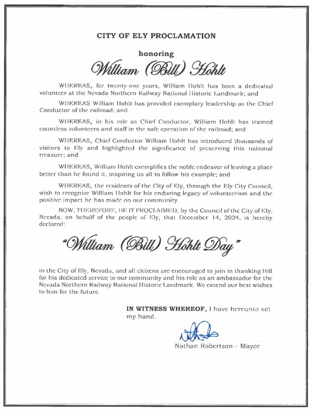 William (Bill) Hohlt Day December 14, 2024 in the City of Ely